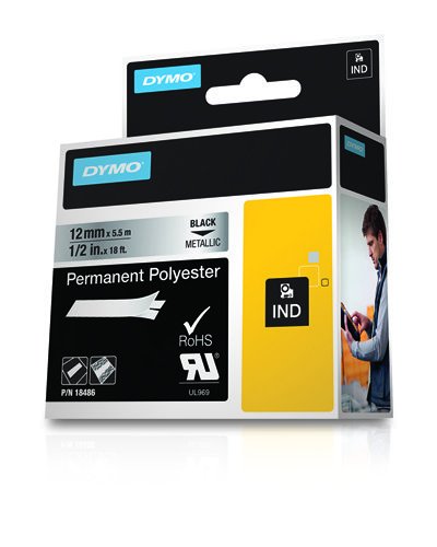 Dymo Rhino Cinta De Etiquetas Industrial Adhesiva Id1-12, Negro Sobre Plateado De 12mmx5´5m, Poliester (S0718180)