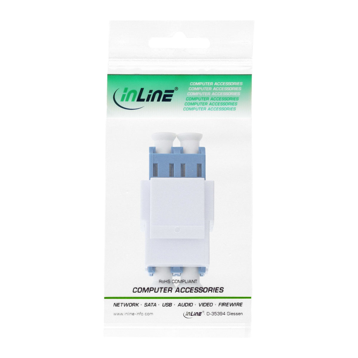 Adaptador Snap-In Keystone De Fibra Óptica Inline Blanco, Lc/Lc Dúplex, Sm, Funda De Cerámica, Azul