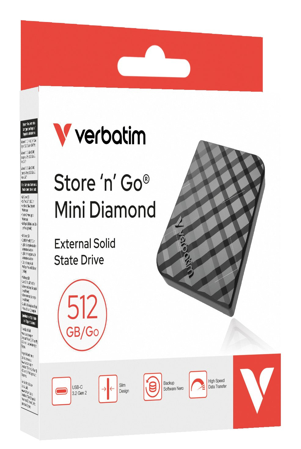 Verbatim Ssd 512gb, Usb 3.2, Tipo-C, Mini Diamond, Negro