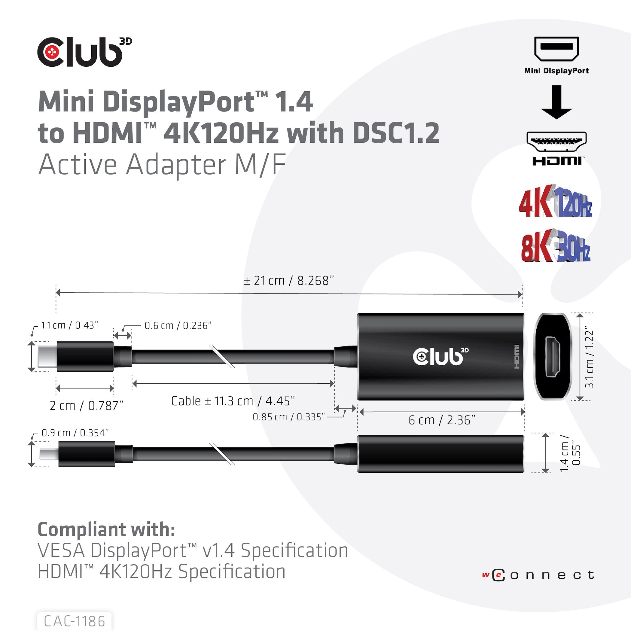Adaptador Club3d Minidisplayport -> Hdmi 2.1 Hdr 4k120hz Retail Activo