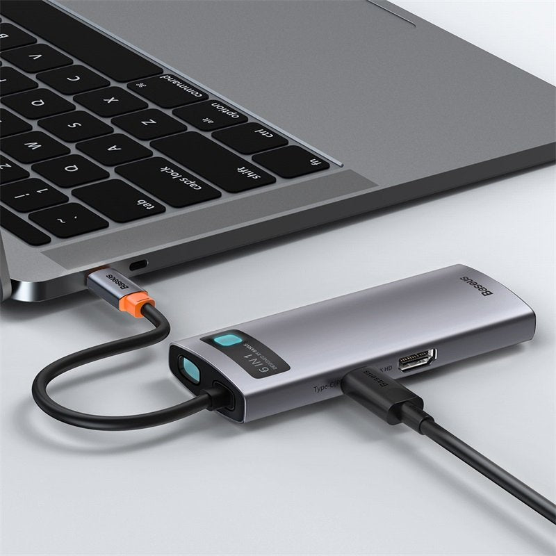 Hub 6w1 Baseus Metal Gleam Series, Usb-C Do 3x Usb 3.0 + Hdmi + Usb-C Pd + Ethernet Rj45