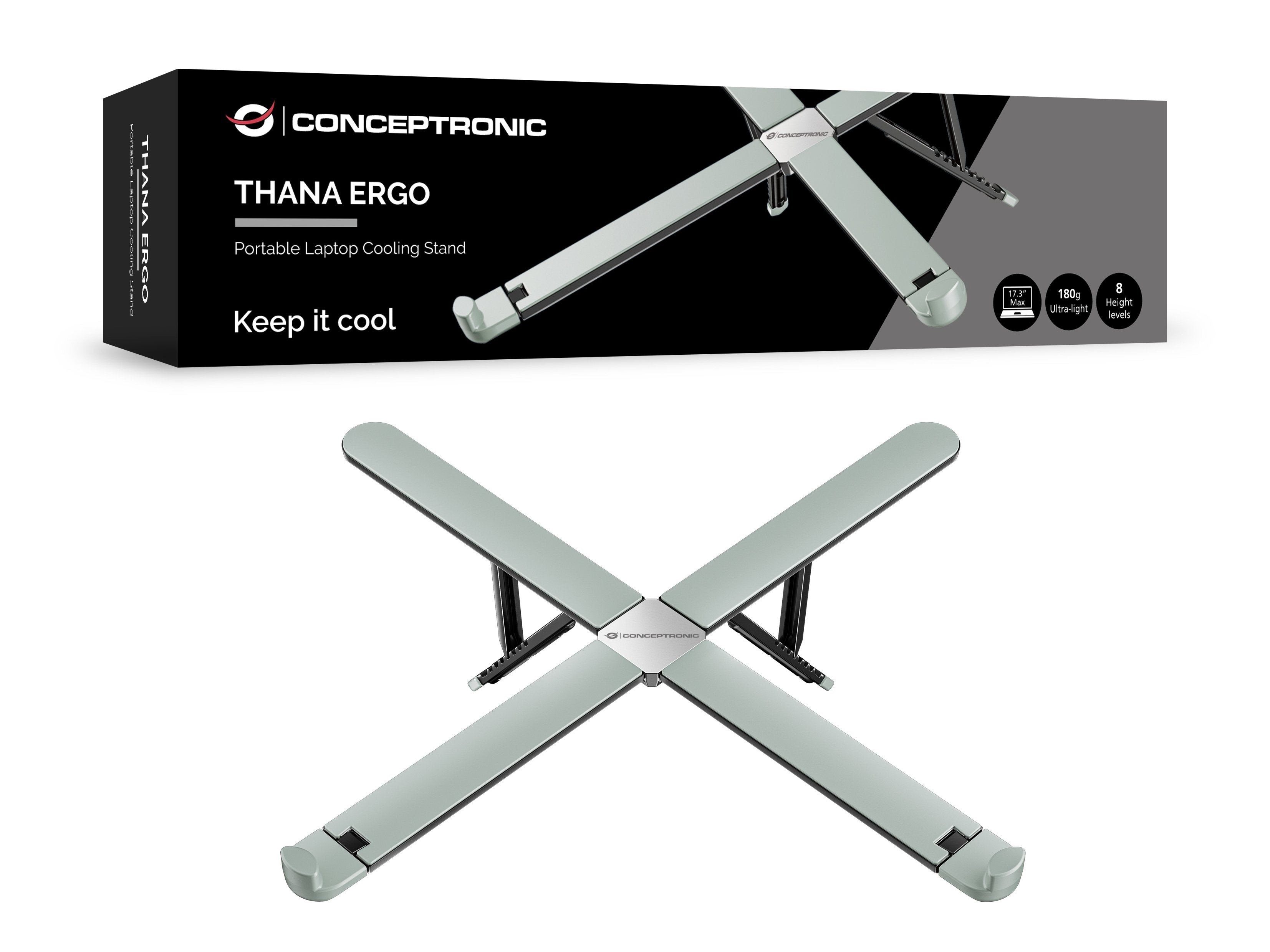 Soporte De Portátil Conceptronic Thana11g Ergo Hasta 17.3" Plegable 8 Niveles Max 5kg Gris