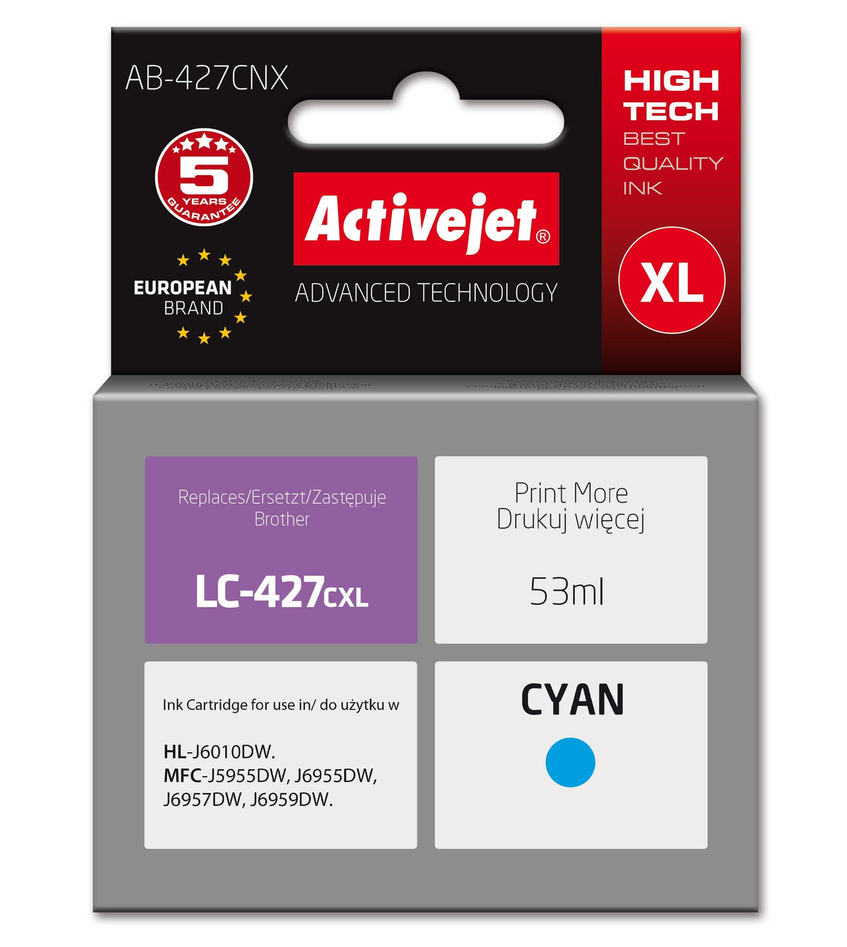 Activejet Ab-427cnx Tinta Para Impresora Brother, Equivalente A Brother Lc-427cxl; Supreme; 53 Ml; Azul