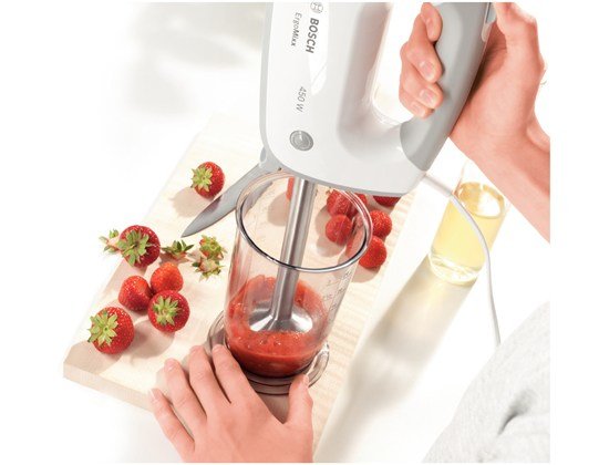 Bosch Home Batidora De Mano Ergomixx Mfq36470 Blanco/Gris, 450 Vatios, Con Pie Mezclador Y Vaso Mfq36470