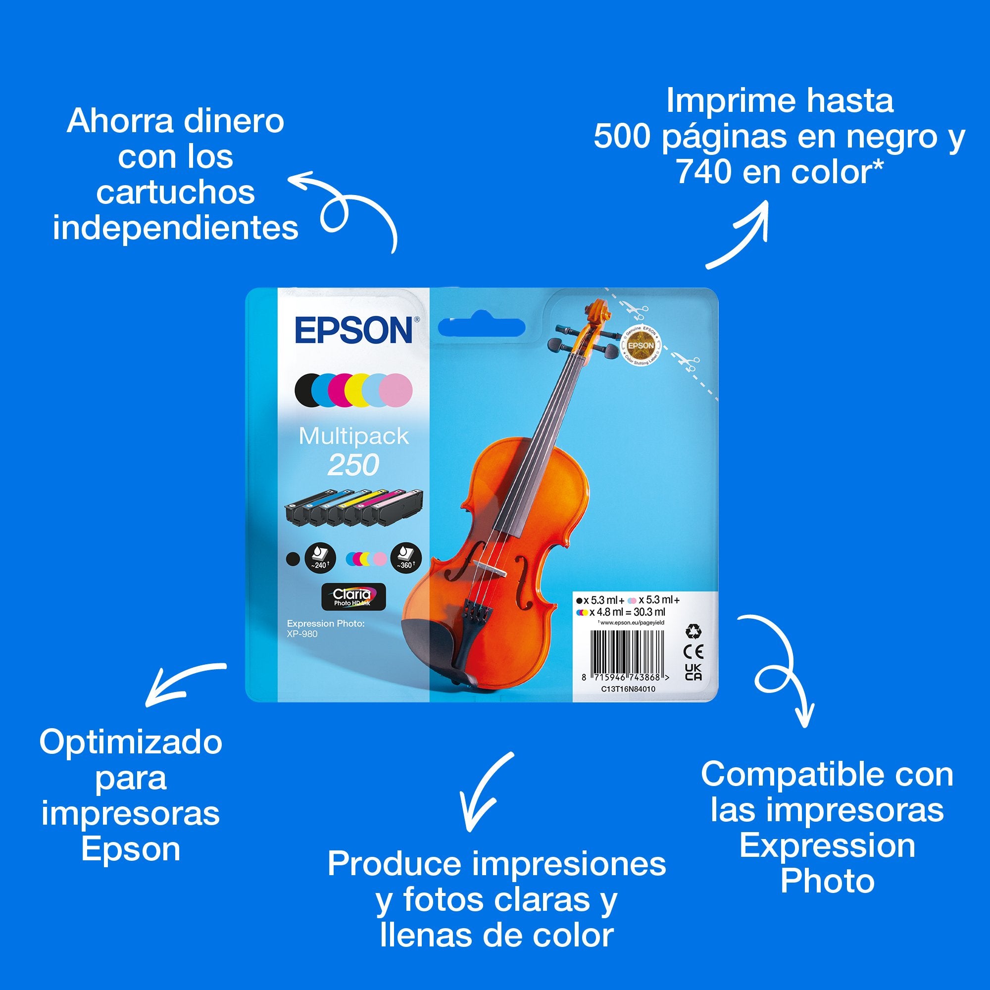 EAN 8715946743868 - Epson 250 Violin Claria Photo HD cartucho de tinta 1 pieza(s) Original Rendimiento estándar Negro, Cian,  imagen 3
