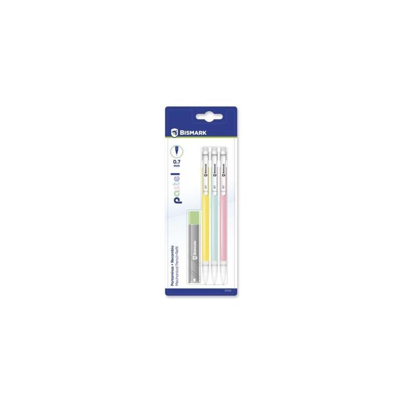 Bismark Pack Con 3 Portaminas 0.7mm Hb + 1 Cajita De Minas - Punta Retractil - Cuerpos De Colores Pastel Surtidos