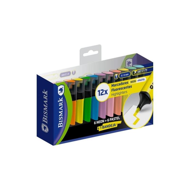 Bismark Pack De 12 Marcadores Fluorescentes - Punta Biselada 2 - 5mm Aprox - Tinta Base De Agua - Larga Duracion -