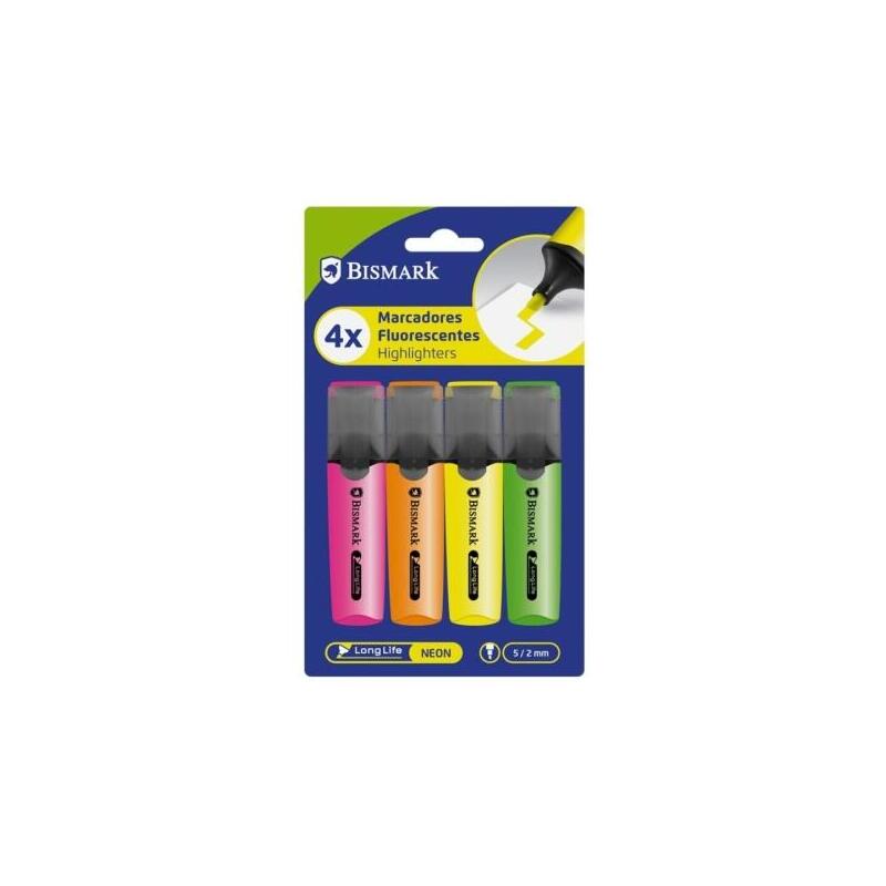 Bismark Pack De 4 Marcadores Fluorescentes - Punta Biselada 2 - 5mm Aprox - Tinta Base De Agua - Larga Duracion -