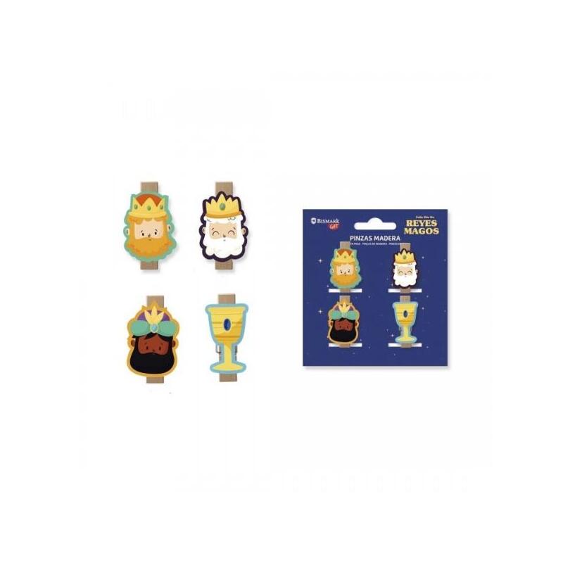 Bismark Pack De 4 Pinzas De Madera Decoradas Con Reyes Magos