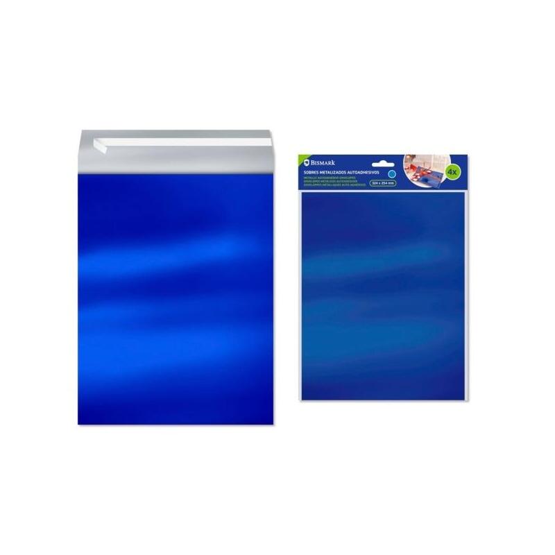 Bismark Pack De 4 Sobres Metalizados - Medidas 324x254mm - Cierre Autoadhesivo - Ideal Para Regalos - Azul