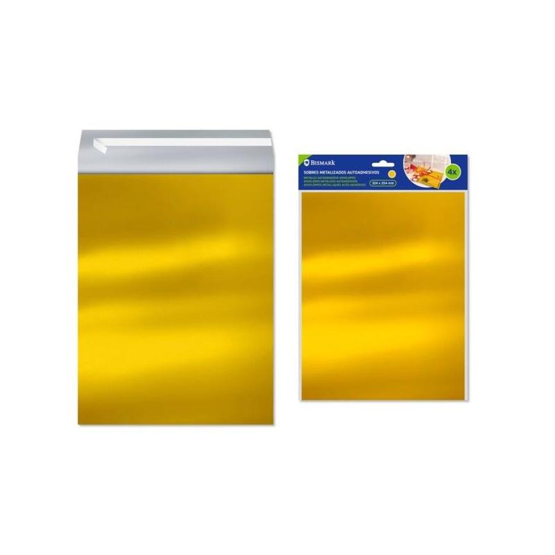 Bismark Pack De 4 Sobres Metalizados - Medidas 324x254mm - Cierre Autoadhesivo - Ideal Para Regalos - Oro