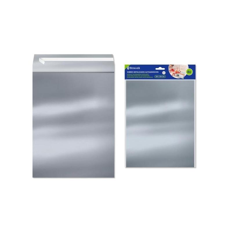 Bismark Pack De 4 Sobres Metalizados - Medidas 324x254mm - Cierre Autoadhesivo - Ideal Para Regalos - Plata