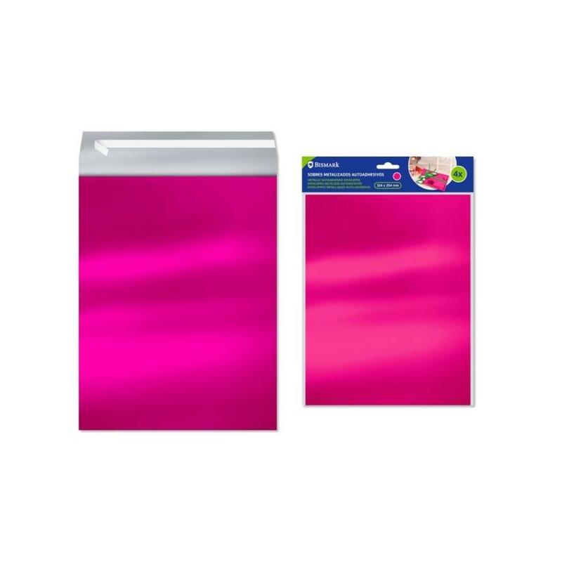 Bismark Pack De 4 Sobres Metalizados - Medidas 324x254mm - Cierre Autoadhesivo - Ideal Para Regalos - Rosa