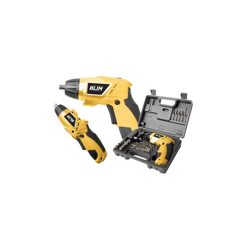 Blim Atornillador Doble Posicion Bateria 4v - Velocidad 210 Rpm - Conector Hexagonal De 1/4" (6.35 Mm) - Cambio De Sentido De Giro - Capacidad De Bateria 1300 Mah - Incluye 44 Accesorios Puntas Y Vasos - Cargador De Bateria - Color Negro