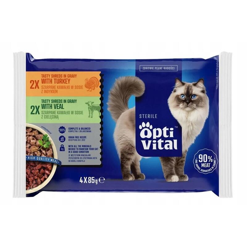 Bolsas Estériles Optivital  Alimento Completo Para Gatos Adultos Esterilizados. Con Pavo Y Ternera 4x85g