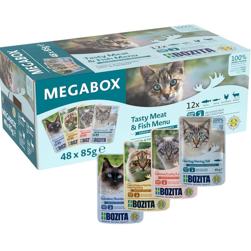 Bozita Megapack - Canapés Para Gato En Salsa En Bolsa De Porciones Megabox 48 X 85 G  Super Sabroso, Sin Cereales, Sin Azúcar  12 Renos, Pollo, Salmón, Arenque