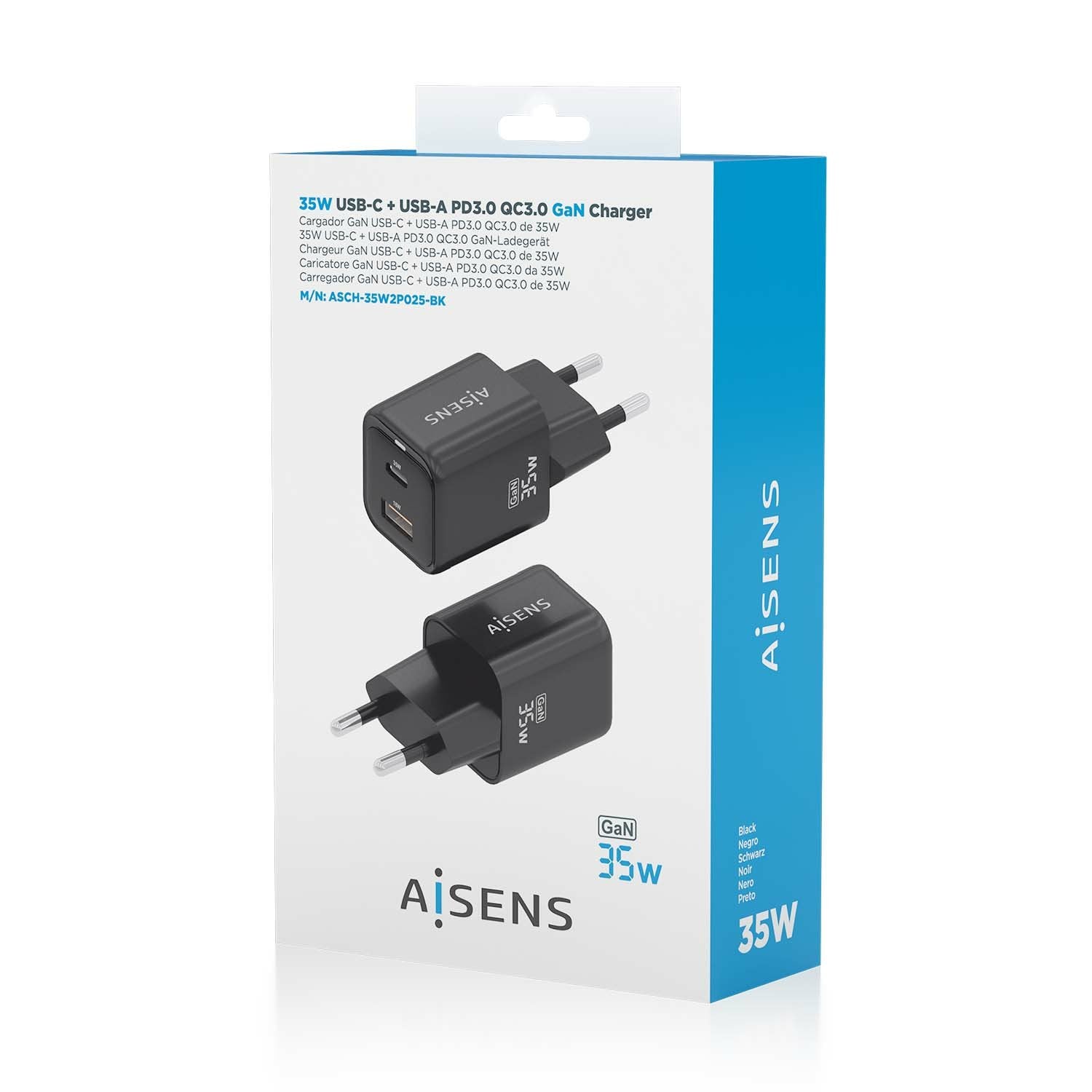 Aisens Cargador Gan 35w, 1xusb-C Pd3.0 Qc4.0, 1xusb-A Qc3.0, Negro