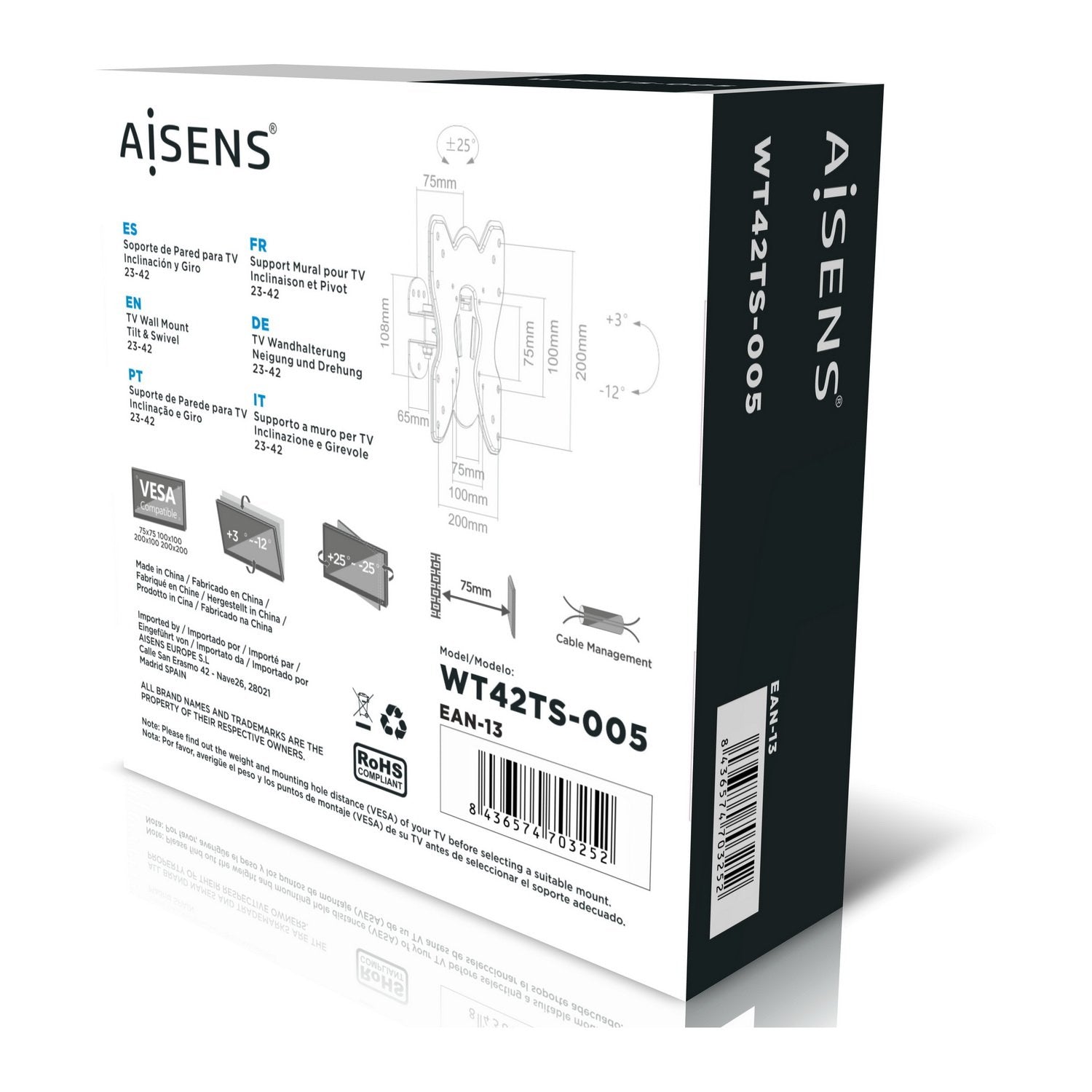 Aisens Soporte De Pared Para Pantallas 23-42'/58-106cm Hasta 25kg Giratorio E Inclinable Vesa Max. 200*200