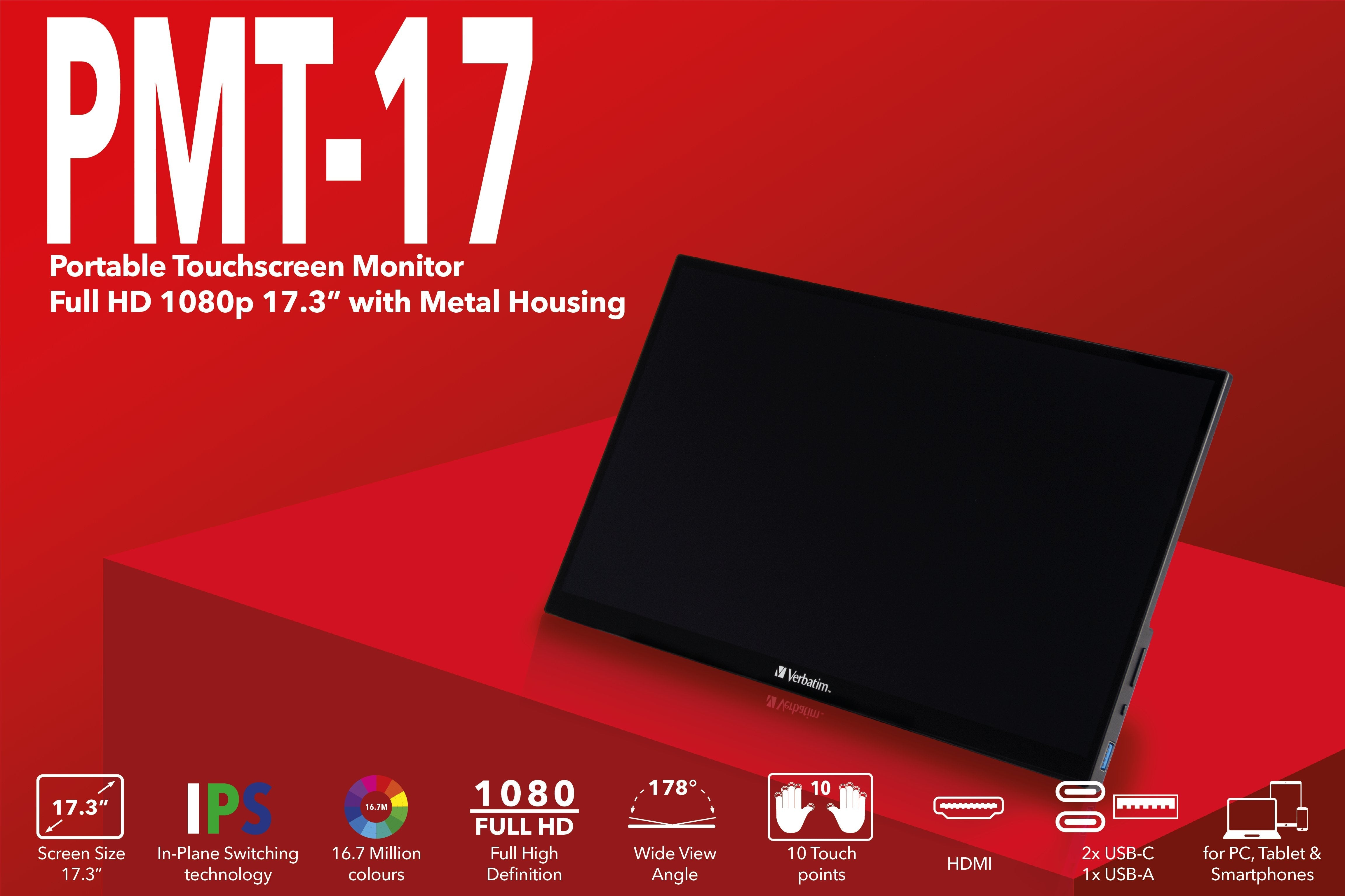 Verbatim Pmt-17 Portable Touchscreen Monitor 17.3" Full Hd 1080p Metal Housing