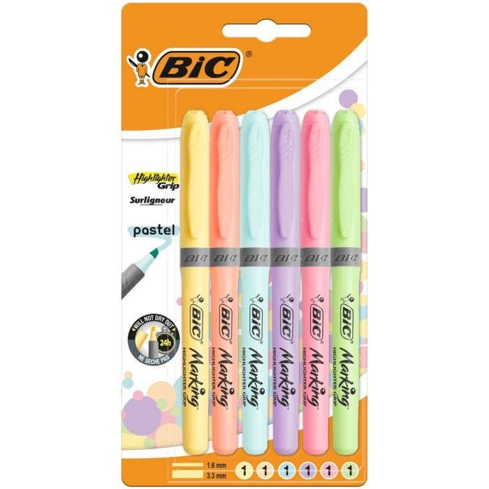 Bic Highlighter Grip Pack De 6 Marcadores Fluorescentes Pastel - Tinta Con Base De Agua - Punta Biselada - Trazo Entre 1.60 Y 3.30mm - Colores Surtidos