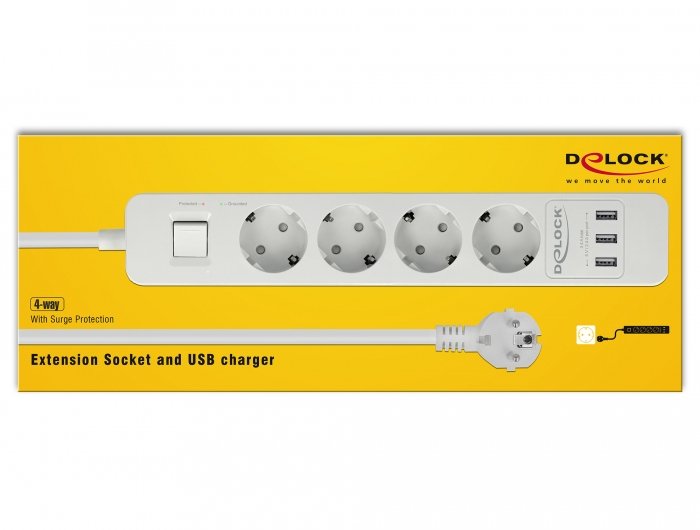 Regleta Delock De 4 Vías, 3x Usb Blanca, Cable De 1,5 Metros, Protección Contra Sobretensiones, Con Interruptor 11206