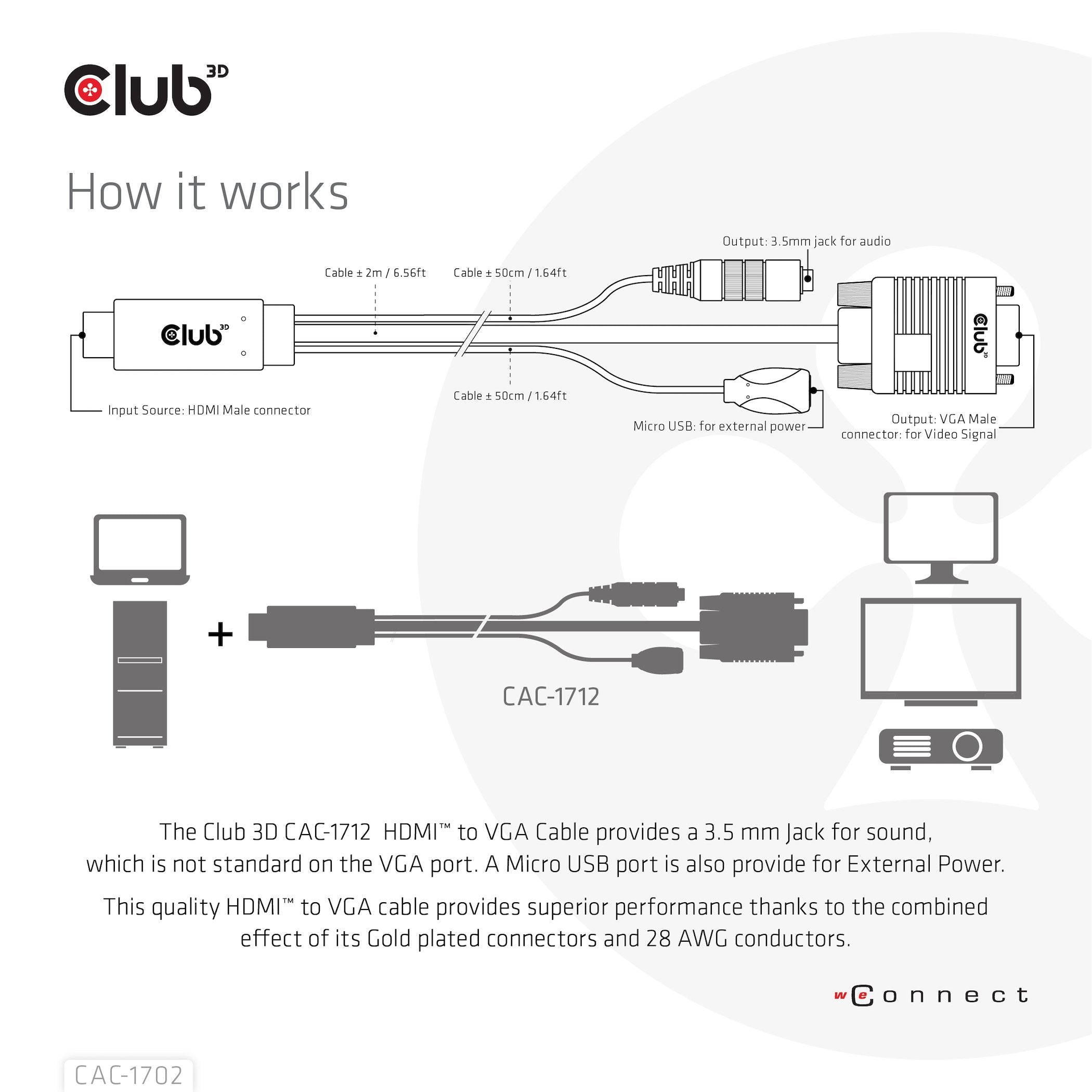 Cable Club3d Toma Hdmi+Micro Usb > Vga+3.5mm 2m Macho/Hembra Minorista