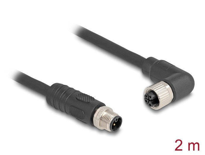 Delock M12 Cable L-Kodiert 4 Pin Stecker Gerade Zu Buchse Rechts Gewinkelt Pur Schleppkettentauglich 2 M Schwarz