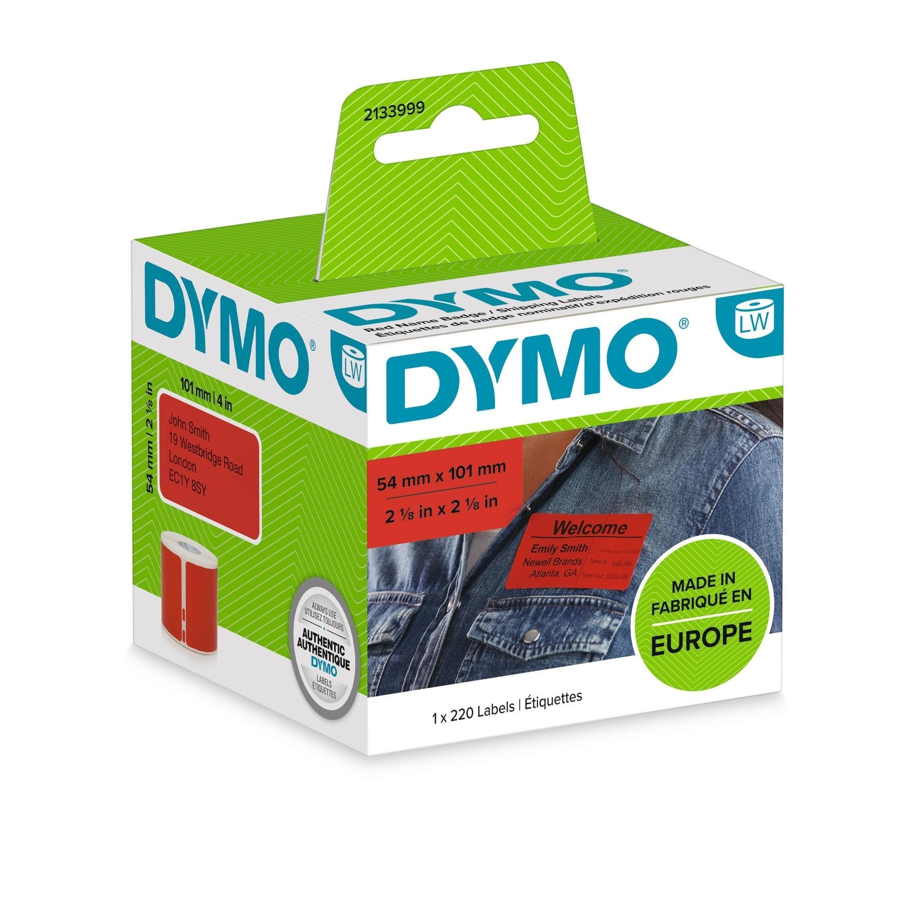 Dymo Etiquetas De Transferencia Termica Label Writer 99014, Rojo De 54x101mm (A X L). Etiquetas Grandes De Identificación/Envío. Rollo De 220 Ud