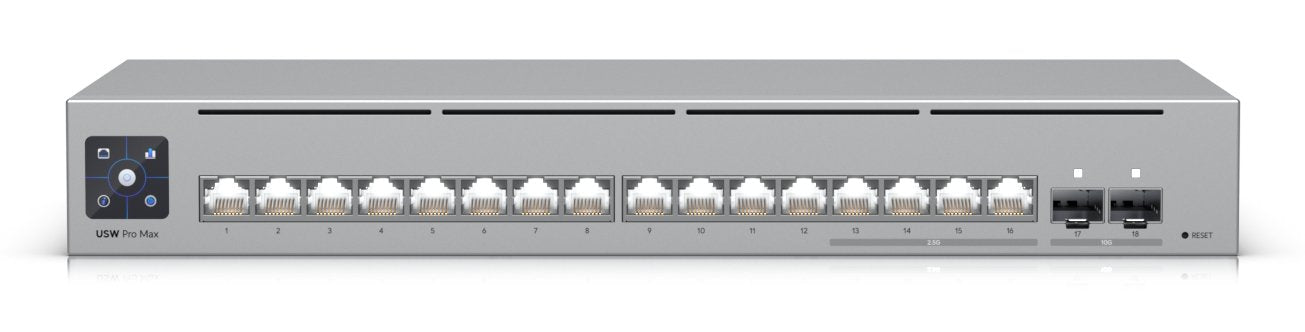 Ubiquiti Usw-Pro-Max-16 Switch Etherlighting Capa 3 Con 4x 2.5gbe, 12xgbe Y 2x Sfp+ 10gb. Montaje En Sobremesa, Pared Y Rack (Requiere Accesorio De Montaje). Sistema De Refrigeraci&Oacute N Silencioso Y Sin