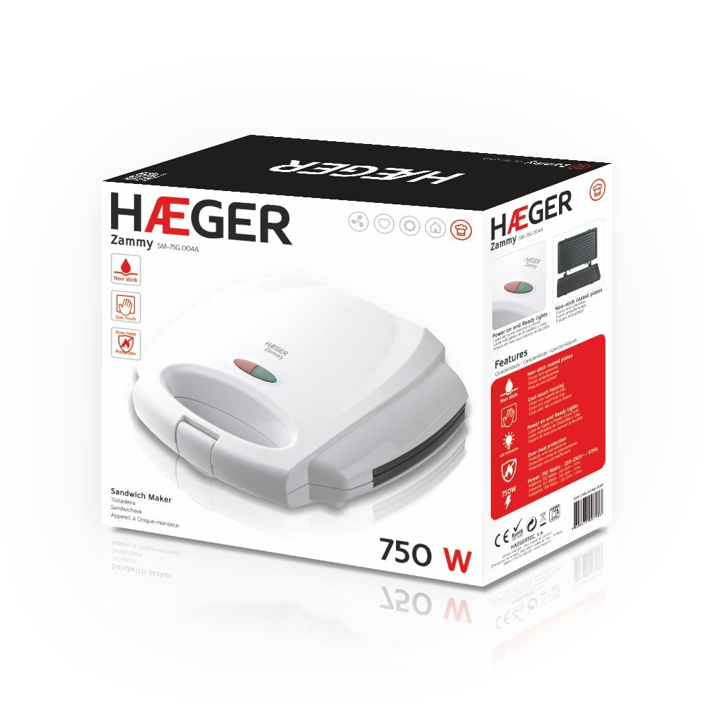 Sandwichera Haeger Zammy 750w Placas Antiadherentes Tapa Con Bloqueo Apagado Automático Protección Sobrecalentamiento