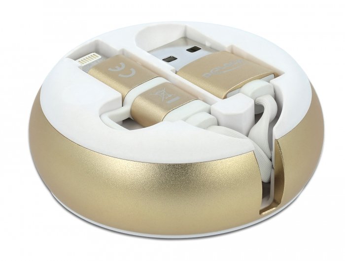 Delock Usb 2 In 1 Aufrollcable Typ-A Zu Micro-B Und Lightning Weiss   Gold