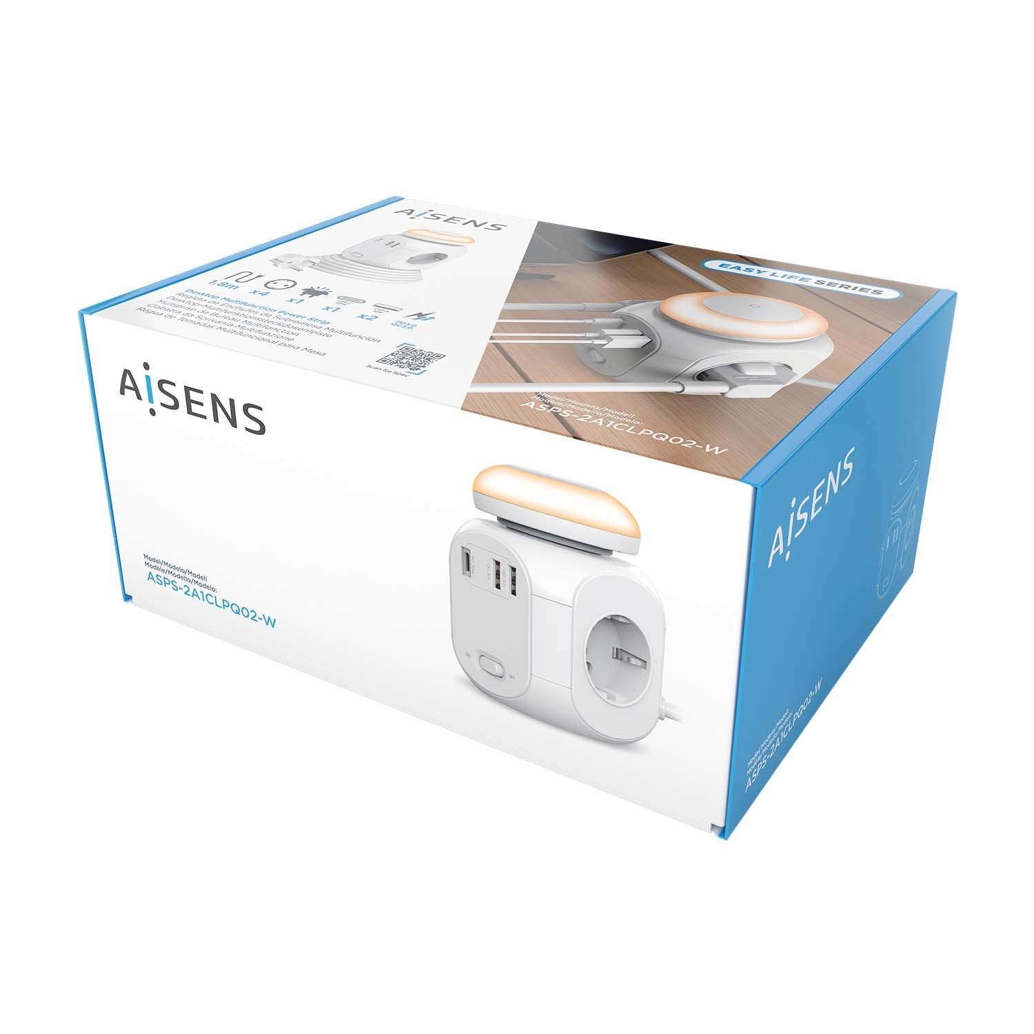 Aisens Regleta Sobremesa Multifuncion 4 Tomas + 1xusb-C 20w Pd3.0, 2xusb-A 18w Qc3.0, Luz Nocturna, 1.80m, Blanco