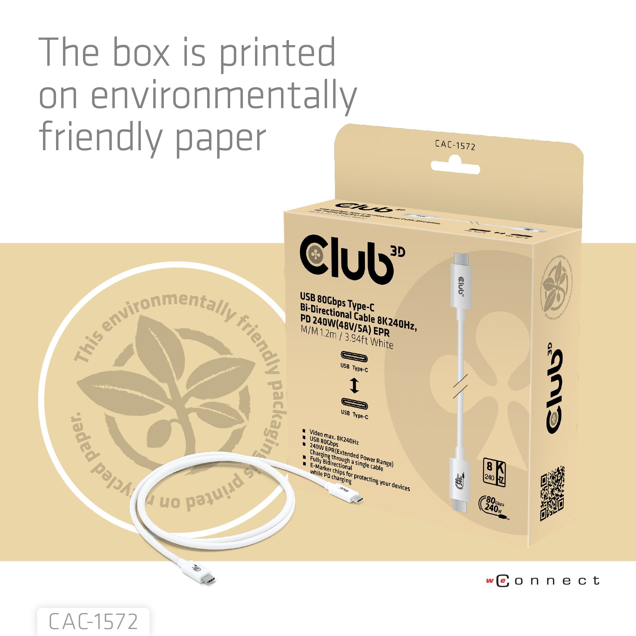 Club3d Cable Usb C Zertifi. Pd240w 8k240hz 80gbps 1,2m Blanco Retail