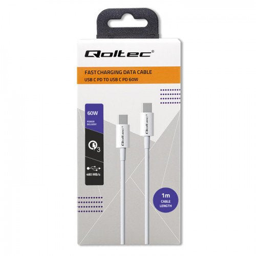 Qoltec 52359 Usb 2.0 Tipo C Cable Usb 2.0 Tipo C 60w Qc 3.0 Pd 1m White