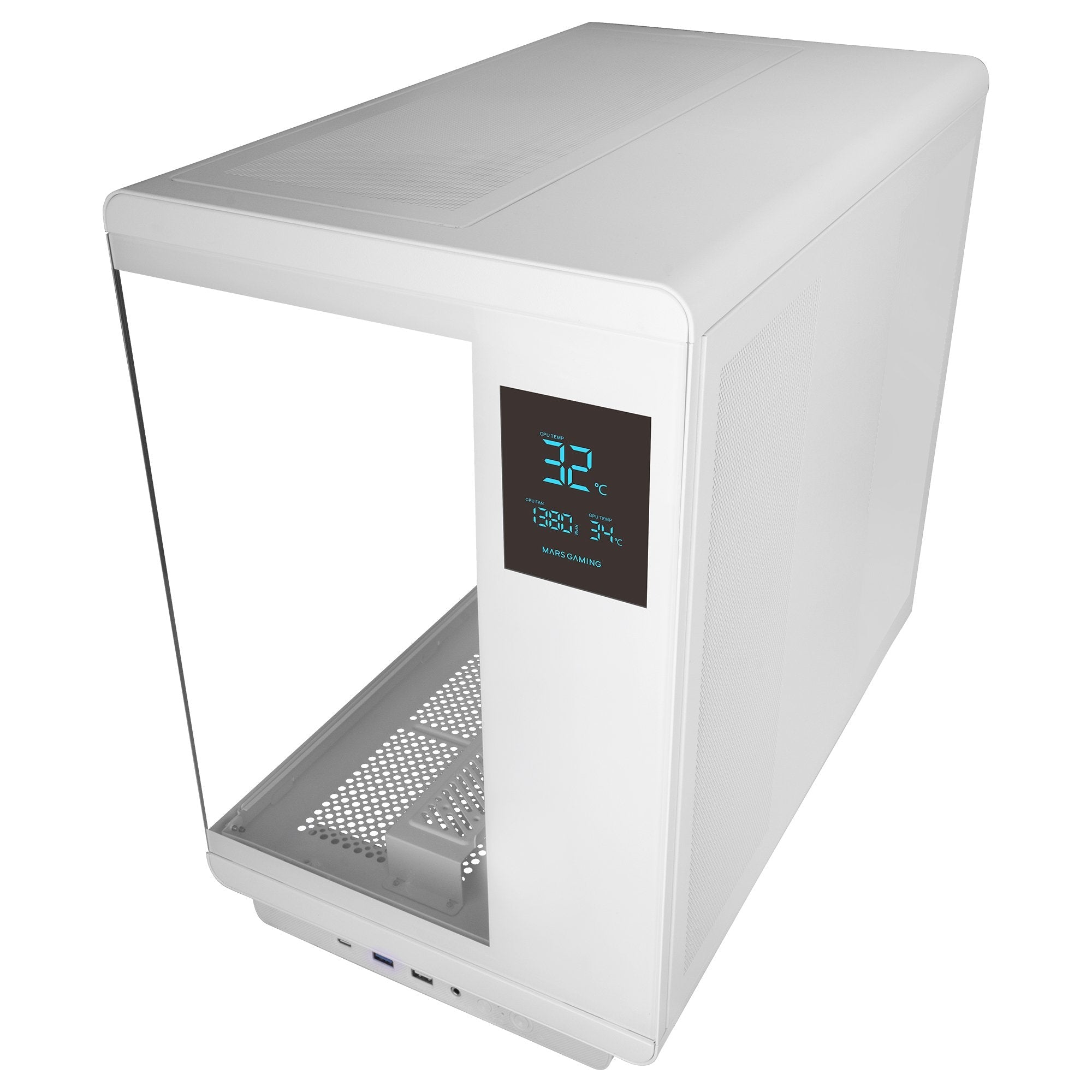 Caja Pc  Atx Mars Gaming Mc-Revpro Pantalla Lcd 4.3" Cristal Templado 4x Ventiladores Argb Blanco