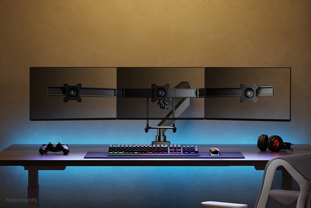 Newstar Monitor Triple-Deskmount With Crossbar 17-24inch Full Motion Gasspring Tilt Rotate Swivel Grommet/Clamp Black