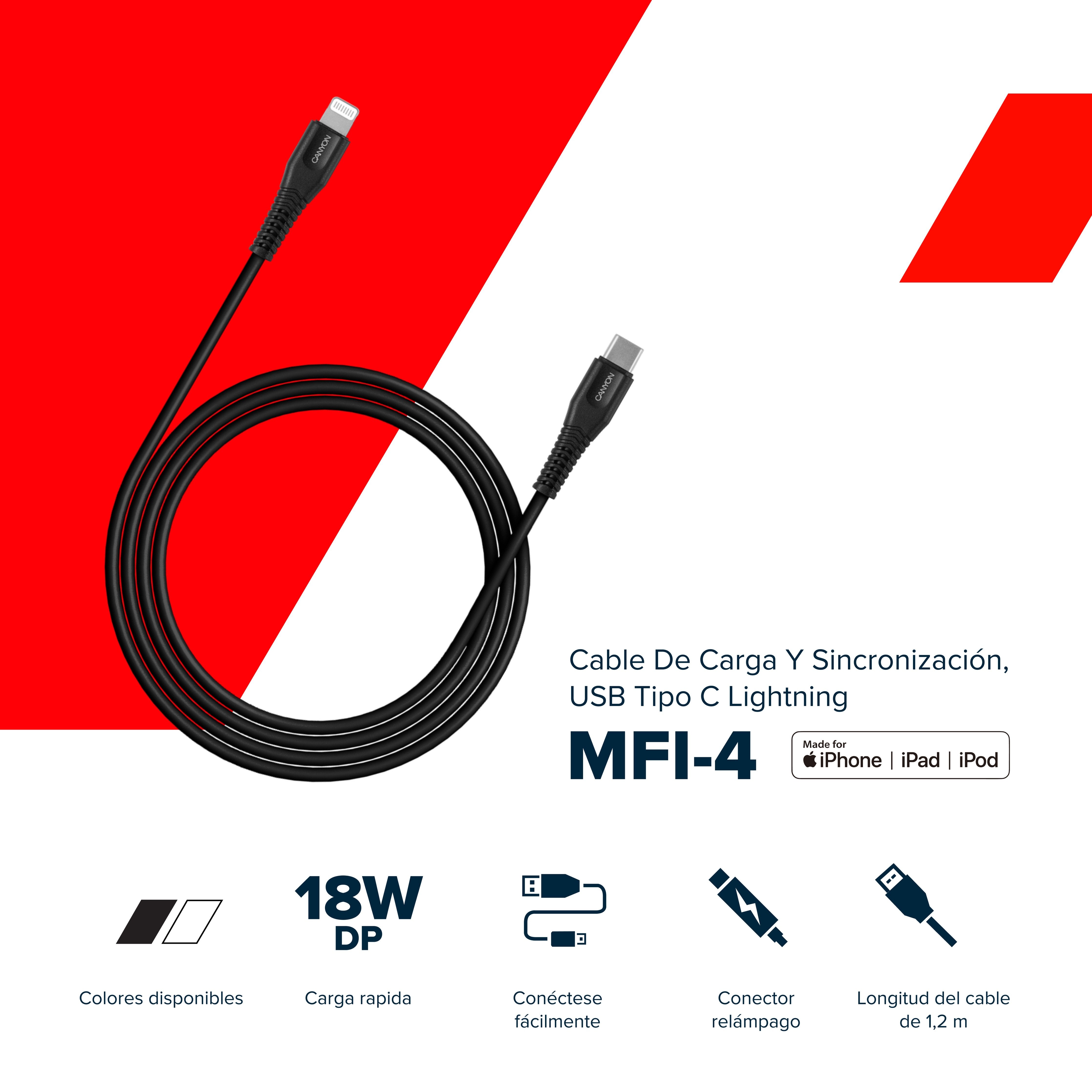 Canyon Cable Mfi-4 Type-C To Lightning 1.2m Black