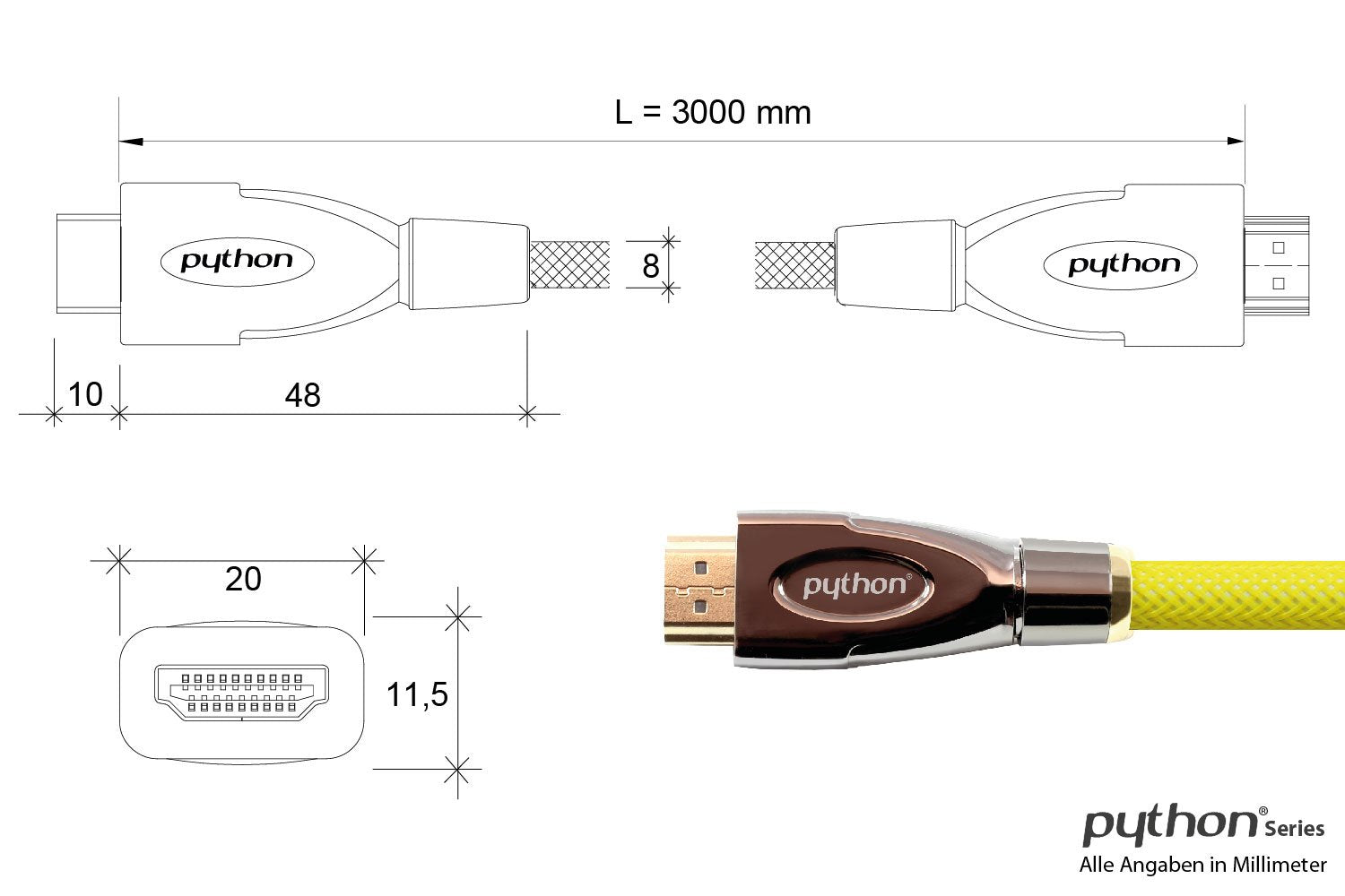 Python Hdmi 2.0 Cable 4k2k Trenzado Amarillo 3m