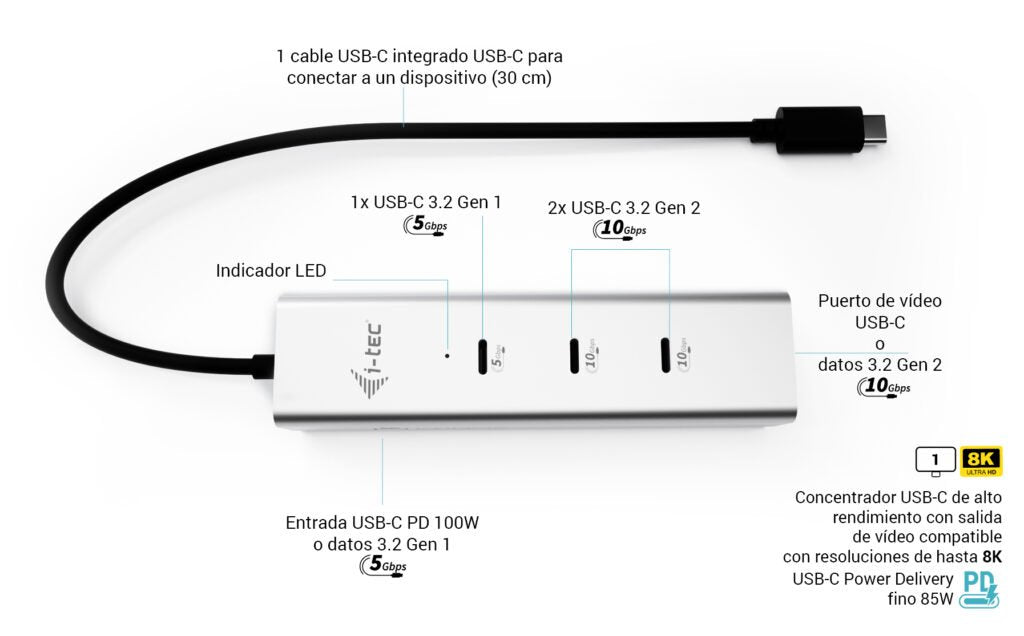 I-Tec Usb-C Charging Metal Hub 5port With Usb-C Video 8k 1xusb-C Video Data 1xusb-C Pd Data 1xusb-C 3.2 Gen1 2xusb-C 3.2 Gen2 Pd85w