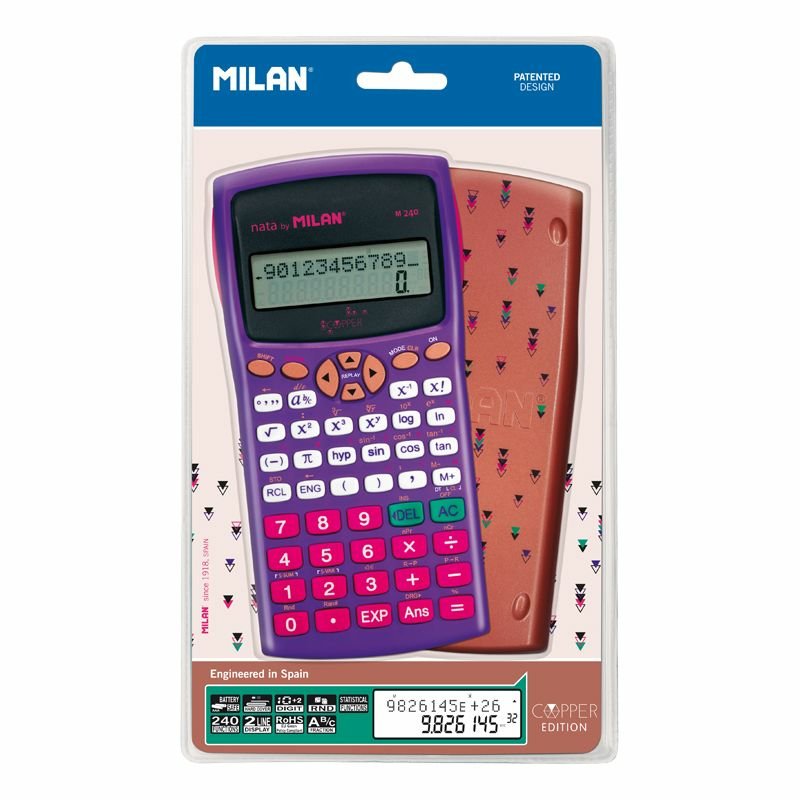 Milan M240 Calculadora Cientifica Copper 10+2 Digitos - Pantalla De 2 Lineas - 240 Funciones Integradas Incluyendo 124 Cientificas - Carcasa Protectora Estampada - Color Violeta