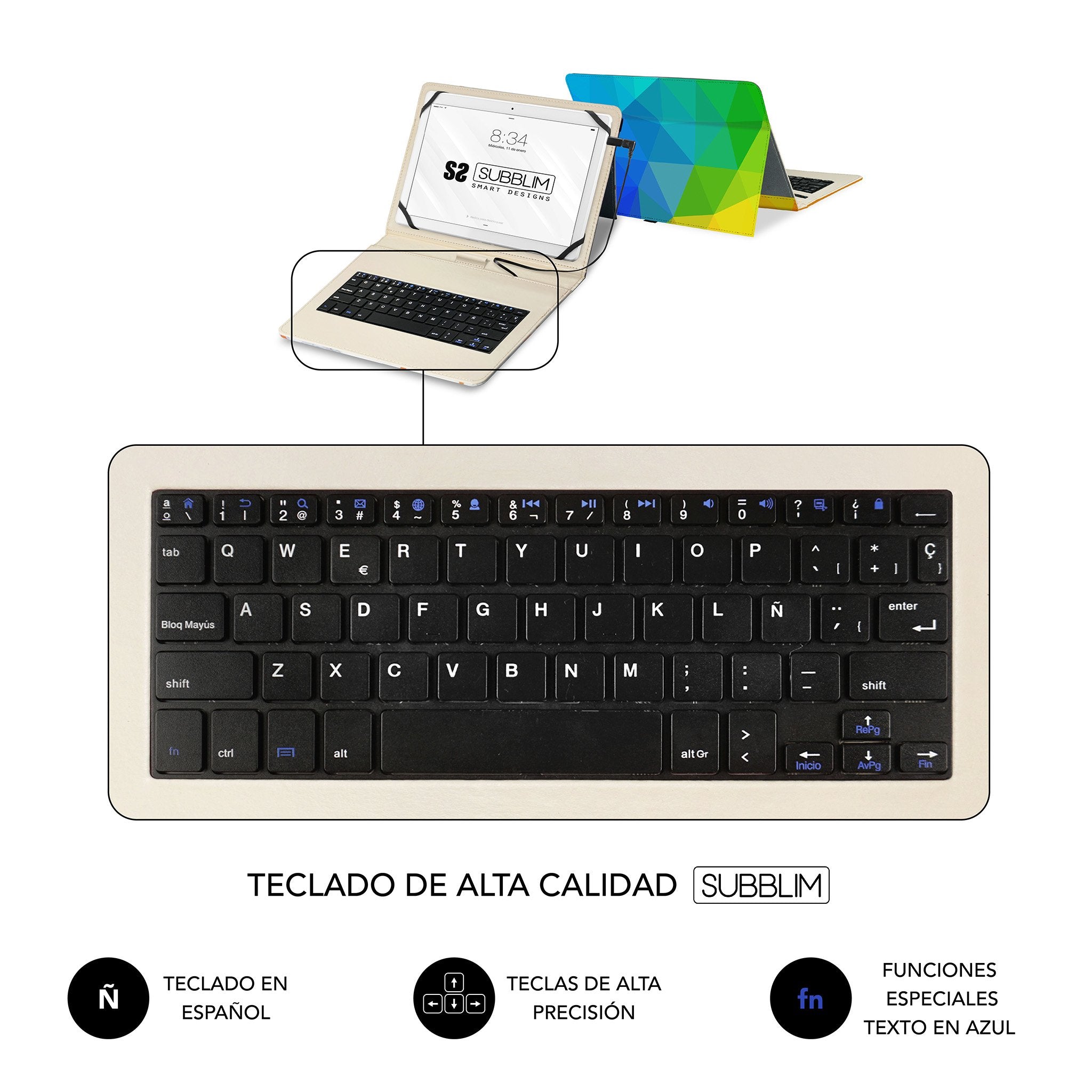 EAN 8436586742492 - SUBBLIM FUNDA + TECLADO TABLET KEYTAB USB TRIANGULOS QWERTY Español MicroUSB Multicolor imagen 5