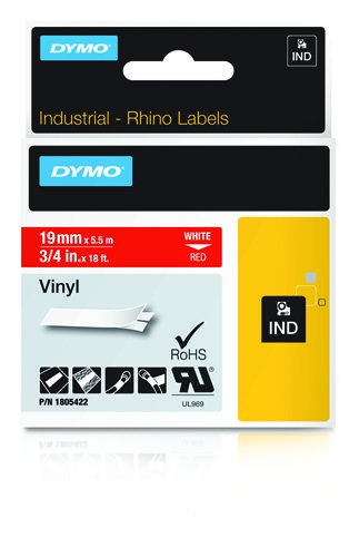 Dymo Rhino Cinta De Etiquetas Industrial Adhesiva Id1-19, Blanco Sobre Rojo De 19mmx5´5m, Vinilo