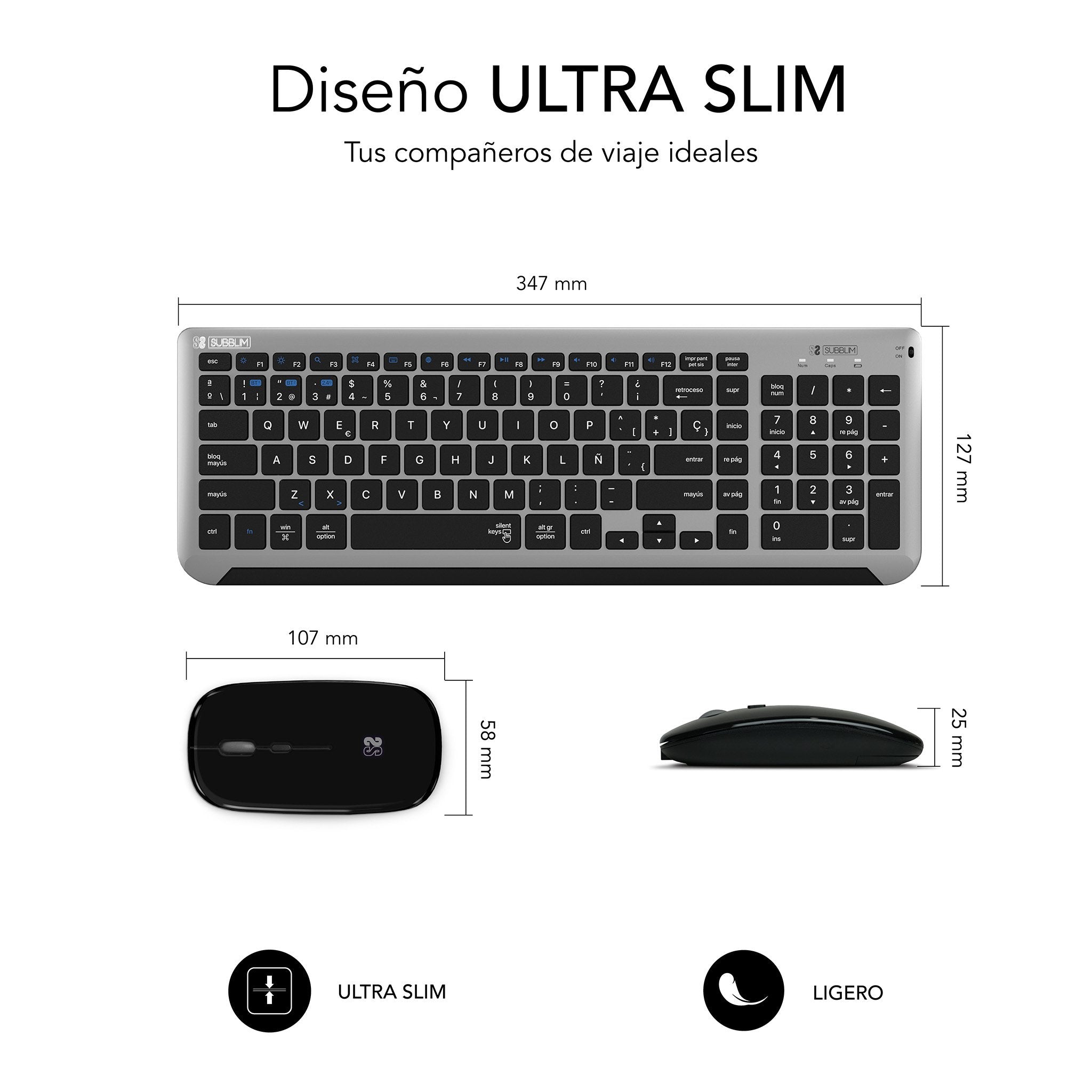 Teclado Y Ratón Inalámbrico Subblim Combo Dual Prestige Extendido Gris Y Negro Español
