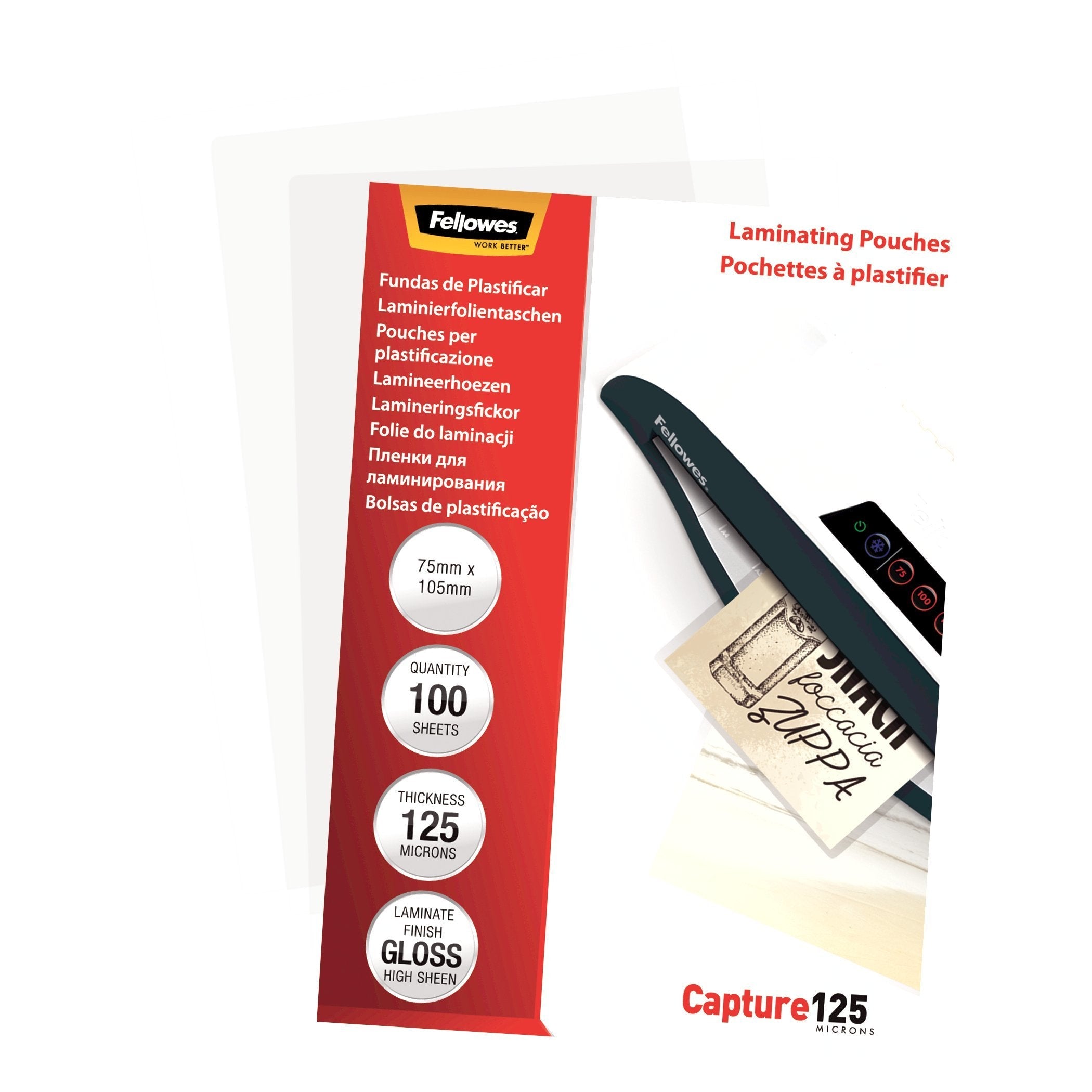 Fellowes Pack De 100 Fundas Para Plastificar Brillo Para Tarjetas 75 X 105mm - 125 Micras - Alta Calidad - Transparente