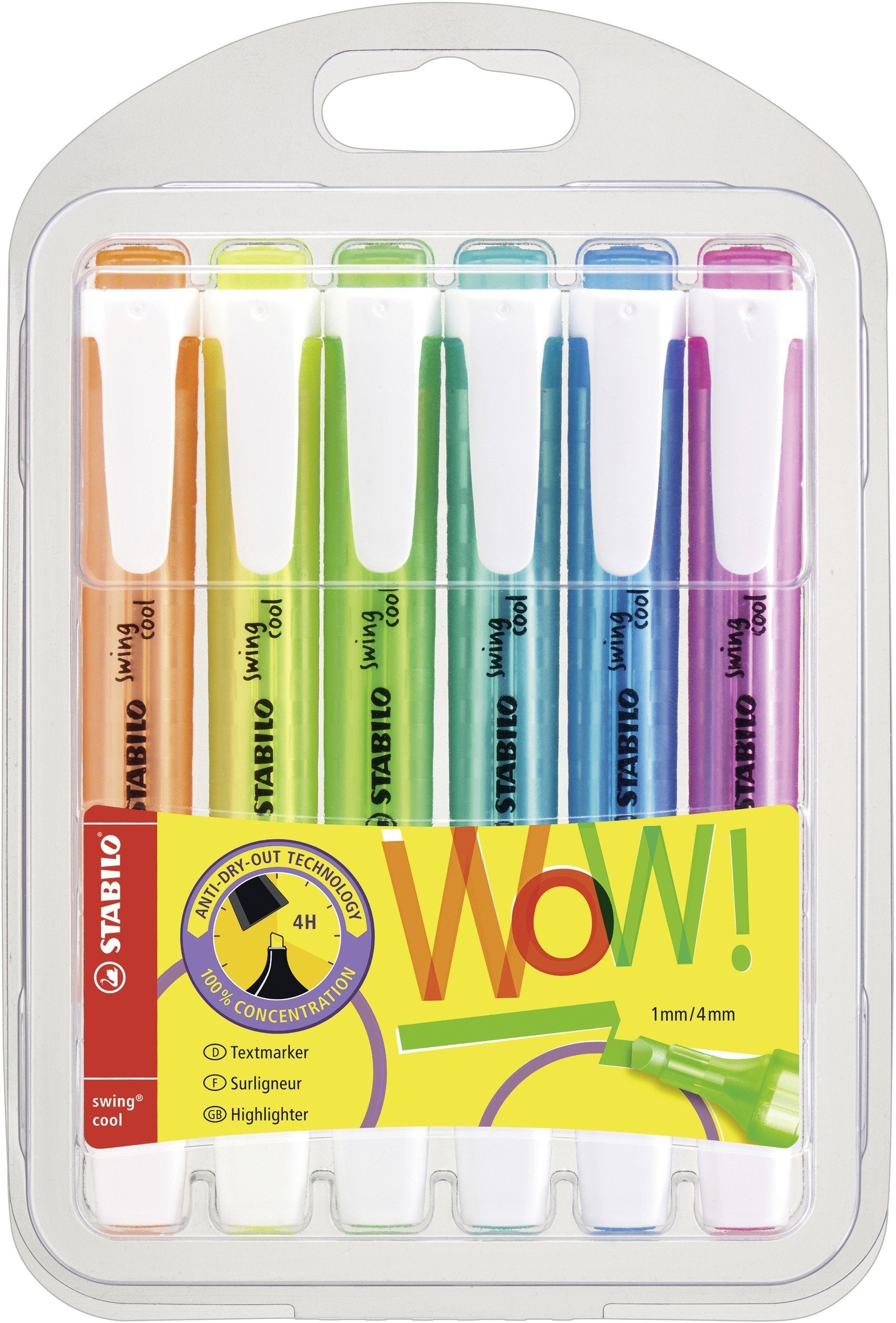 Stabilo Swing Cool Pack De 6 Marcadores Fluorescentes - Cuerpo Plano - Punta Biselada - Trazo Entre 1 Y 4mm - Tinta Con Base De Agua - Antisecado - Colores Surtidos