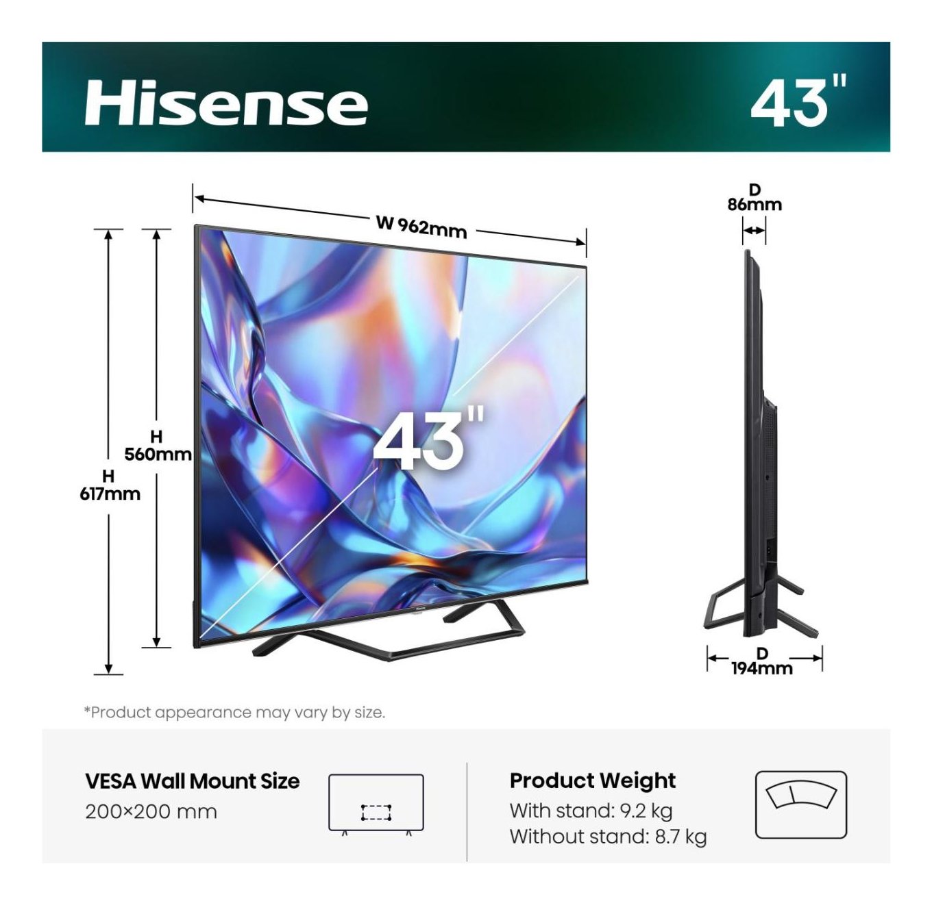 108,0cm 43" (3840x2160) Hisense 43a7ds Smart Tv 4k Hi-Qled 8ms 60hz Hdmi Usb Lan Hdr Vesa Wifi Bluetooth Black