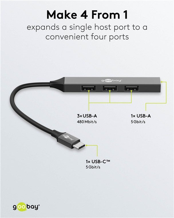 Hub Goobay Concentrador Usb Slim De 4 Puertos, Usb-C A Usb-A, Usb 3.2 Gen1 Gris 74457