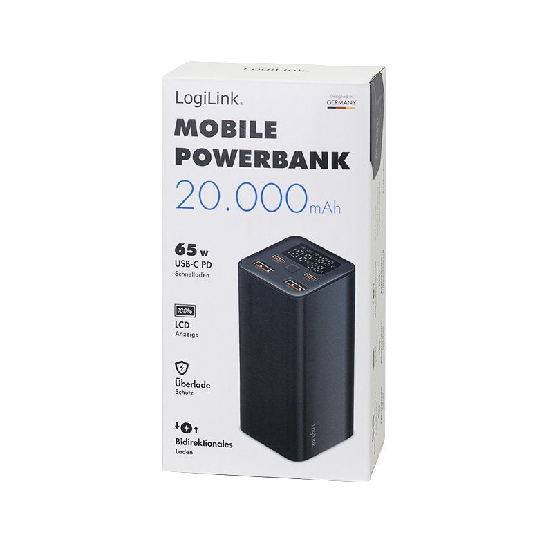 Bateria Externa Power Bank 20000, 2x Usb A + 2x Usb C Qc 3.0 & Pd 3.0 65 W, Black Logilink
