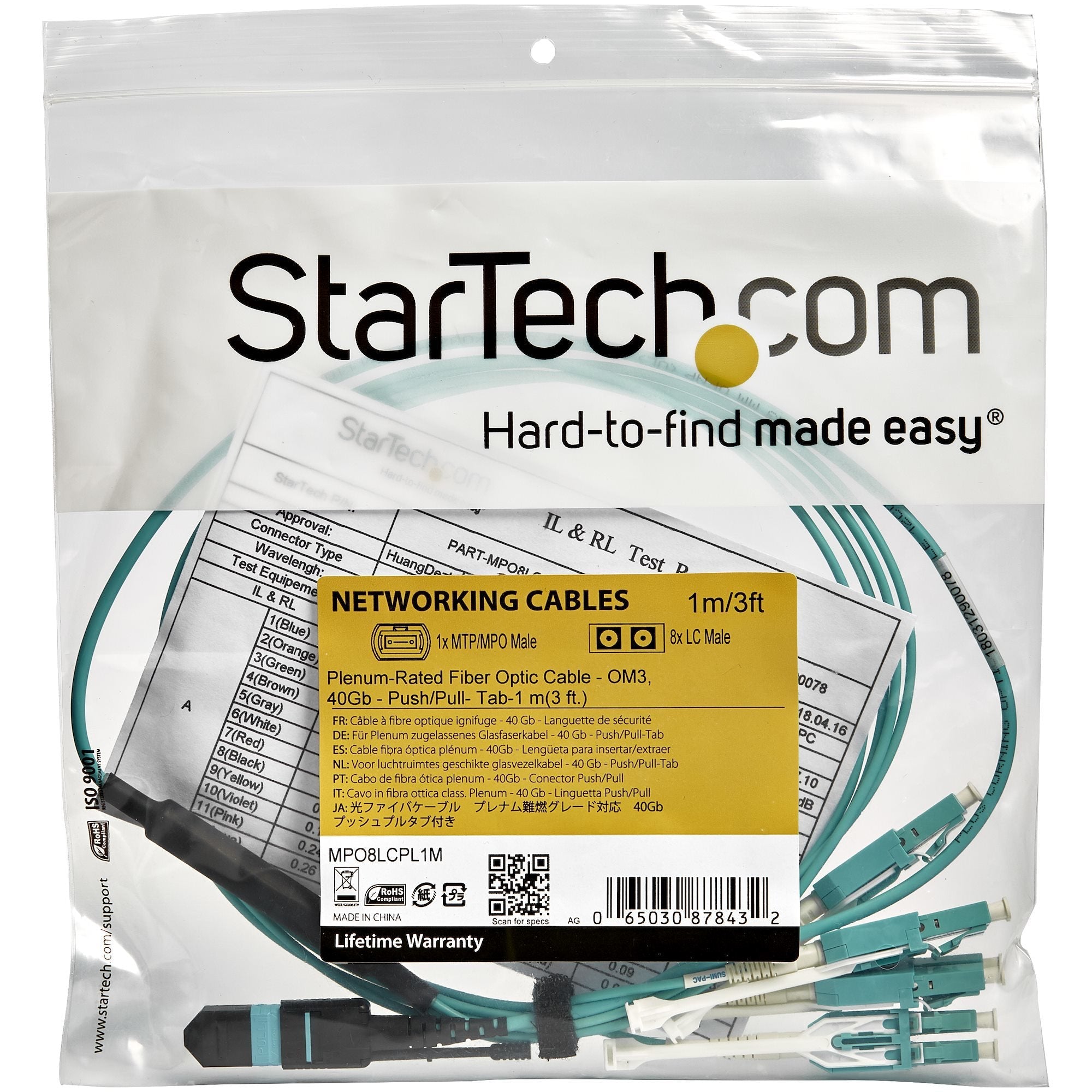 Startech.Com Mpo8lcpl3m Cable De Fibra Optica 3 M Mpo/Mtp 8x Lc Om3 Color Aguamarina