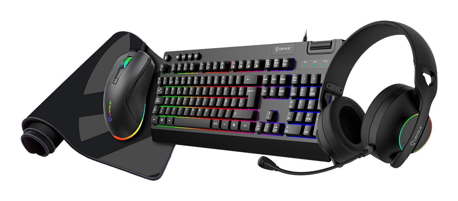 Unykach Pack Gaming Nova 4in1 Usb Teclado Multimedia + Raton 7200dpi + Auriculares Con Microfono + Alfombrilla Xl -